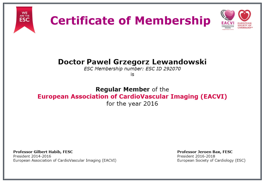 Kardiolog Słupsk - Paweł Lewandowski - ESC Member 2016